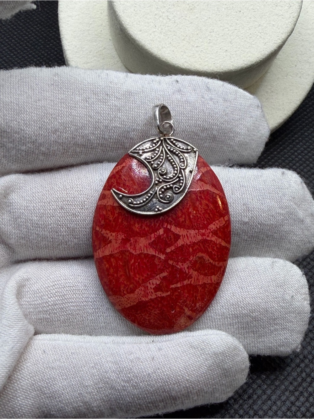 Red Sea Coral Oval Pendant with Decorative Sterling Silver Accents